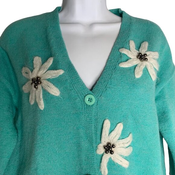 Embroidered Knit Cardigan Sweater M Blue Green Buttons V Neck Yarn Flowers Beads - Picture 2 of 5